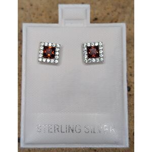 Sterling Silver Red Gemstone Stud Earrings – Square Cut with Clear Accents